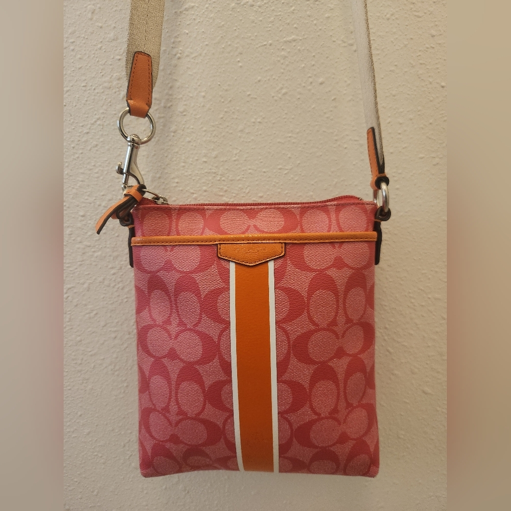 Y2K Coach Heritage Stripe Vibrant Pink and Orange Crossbody Bag